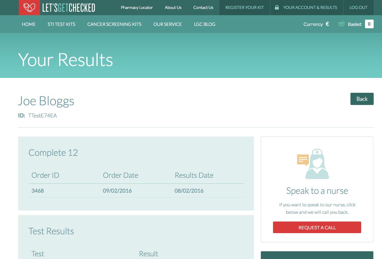 LetsGetChecked Customer results page